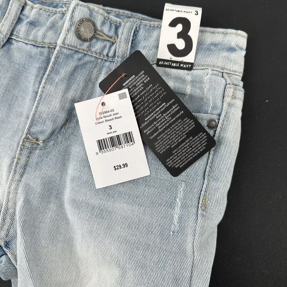Cotton On Toddler Size 3 Adjustable Waist Distressed Jeans‎ Girls NWT
